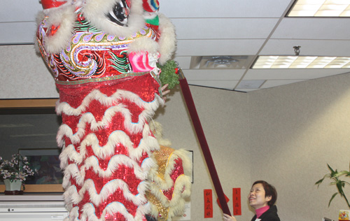 Two-man Chinese lion reaches for lettuce near the ceiling at bank in Mississauga's Chinatown. Copyright ©2014 Ruth Lor Malloy.